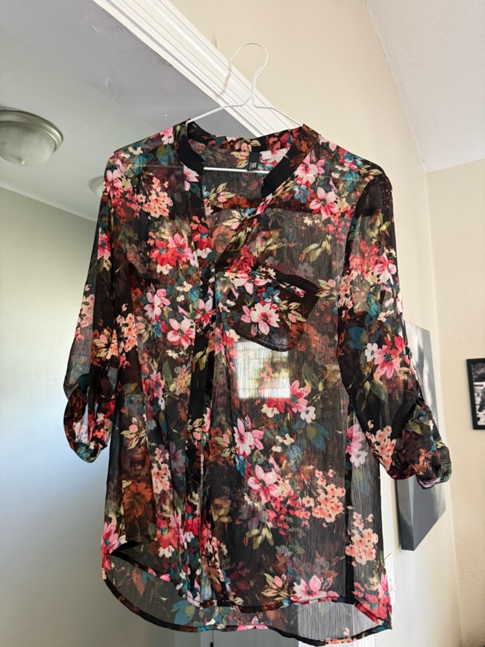 Kut from the Kloth Black Sheer Floral Button-Up Blouse - Pink & Green